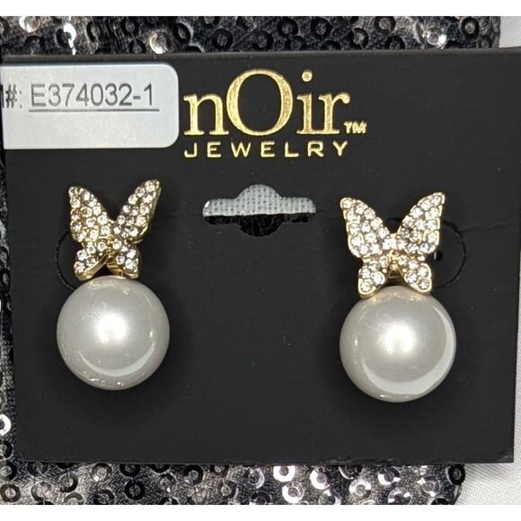 Butterfly Pearl Earrings With Rhinestones - Picture 1 of 6